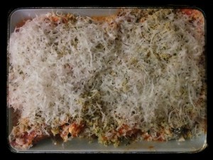 Topping with  fresh breadcrumbs,  herbs, and lots of cheese.