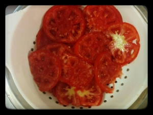 Farmer's market tomatoes, lightly salted and left to drain for 10 minutes.