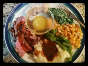 A fabulous feast: Rib Roast, mashed potatoes, green beans, corn maque choux, and creamed spinach...with a bonus treat of lobster tail with drawn butter.